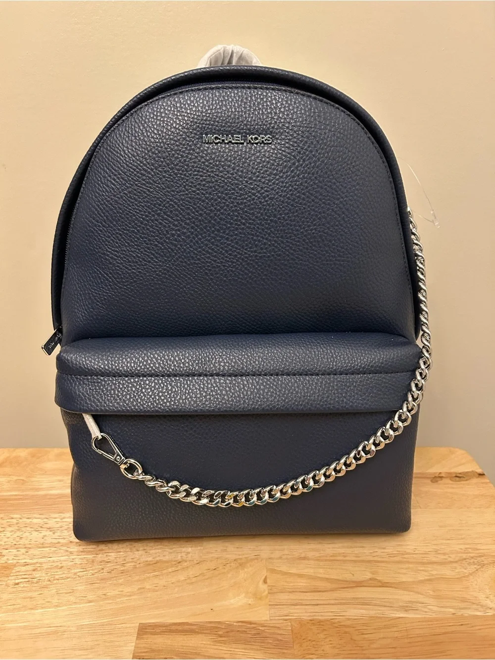 Michael Kors Navy Pebbled Leather Backpack with Silver Chain